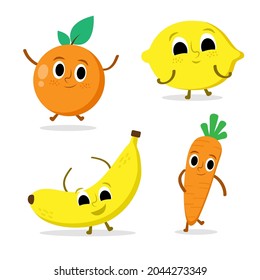 Face of fruit character in diffetent emotions. Hand drawn garden vegetable collection. orange, lemon, banana, carrot, farming vector set. Facial expression flat vector illustration