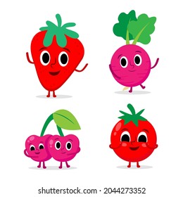 Face of fruit character in diffetent emotions. Hand drawn garden vegetable collection. strawberry, beetroot, cherry, tomato, farming vector set. Facial expression flat vector illustration