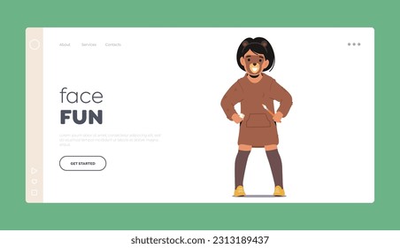 Face Fun Landing Page Template. Playful Child With A Painted Face Resembling a Bear Animal Character, Showcasing Creativity And Imagination Through Colorful Designs. Cartoon People Vector Illustration