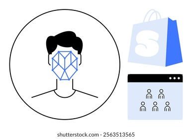 A face with geometric lines, blue shopping bag, and a webpage with figures. Ideal for facial recognition, e-commerce, online networking, digital security, user interface design. Simple vector style