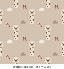 Face giraffe cartoon so cute. On cloud rainbow brown background. Pattern seamless vector illustration. 