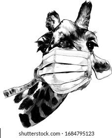 face of a giraffe in a medical mask from a virus, sketch vector graphics monochrome illustration on a white background