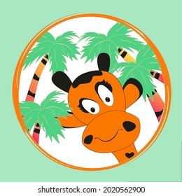 El rostro de una jirafa al fondo de las palmeras. Logo con la cabeza de una jirafa. Diseño plano vectorial.