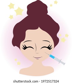 Face a girl after a beauty shot vector Illustration isolated on white background. Vector image of a girl's face with a syringe.The concept of rejuvenation