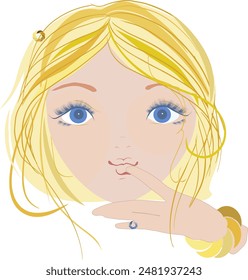 The face of a girl with blond hair and blue eyes. She's shaggy. A finger is pressed to the lips.
No background, avatar.
