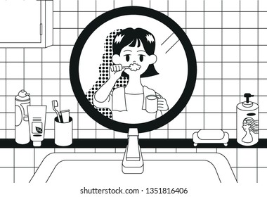 The face of a girl brushing teeth reflected in a bathroom mirror. hand drawn style vector design illustrations. 