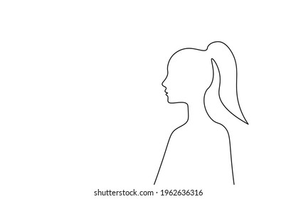 Face of a girl, continuous single one line art concept. Beautiful woman fashion portrait, hand drawn sketch. Head of Beautiful happy smiling young lady, side view. Black and white monochrome vector illustration