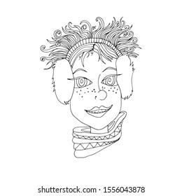 The face of a girl with curly hair in headphones. Hand drawn sketch.