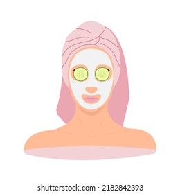 Face of a girl with a facial mask with a towel on her head and cucumber slices on her eyes on an isolated white background vector illustration