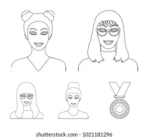 The face of a girl with glasses, a woman with a hairdo. Face and appearance set collection icons in outline style vector symbol stock illustration web.
