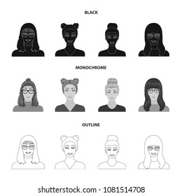 The face of a girl with glasses, a woman with a hairdo. Face and appearance set collection icons in black,monochrome,outline style vector symbol stock illustration web.
