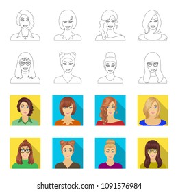 The face of a girl with glasses, a woman with a hairdo. Face and appearance set collection icons in outline,flat style vector symbol stock illustration web.