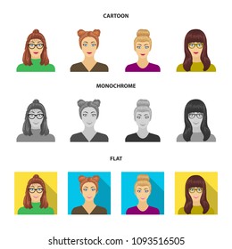 The face of a girl with glasses, a woman with a hairdo. Face and appearance set collection icons in cartoon,flat,monochrome style vector symbol stock illustration web.