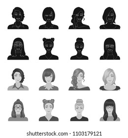 The face of a girl with glasses, a woman with a hairdo. Face and appearance set collection icons in black,monochrome style vector symbol stock illustration web.