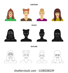 The face of a girl with glasses, a woman with a hairdo. Face and appearance set collection icons in cartoon,black,outline style vector symbol stock illustration web.