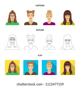 The face of a girl with glasses, a woman with a hairdo. Face and appearance set collection icons in cartoon,outline,flat style vector symbol stock illustration web.