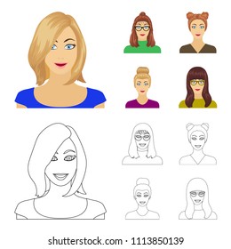 The face of a girl with glasses, a woman with a hairdo. Face and appearance set collection icons in cartoon,outline style vector symbol stock illustration web.