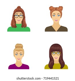 The face of a girl with glasses, a woman with a hairdo. Face and appearance set collection icons in cartoon style vector symbol stock illustration web.