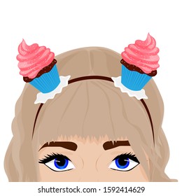 Face of a girl. Hair band. Cupcakes decoration. Vector art.