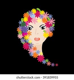 Face of girl with hair in bright colors. Vector.