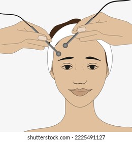 The Face Of A Girl In A Hairband With Electrodes Held Up. Microcurrent Facial Therapy, Cosmetic Procedure At A Cosmetologist. Vector Flat Illustration