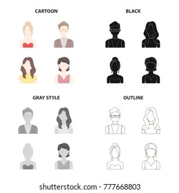 The face of a girl with a hairdo, the appearance of a man with glasses, a young girl. Face and appearance set collection icons in cartoon black monochrome outline style vector symbol stock