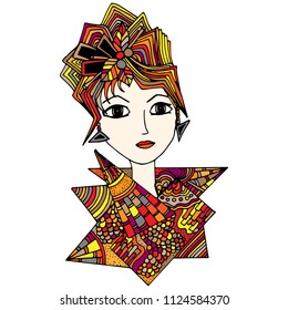 The face of a girl with a hairdo, doodle. A vector illustration drawn by hand