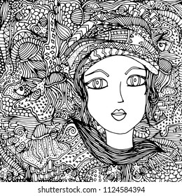 The face of a girl with a hairdo, doodle. A vector illustration drawn by hand