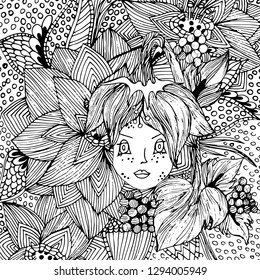 The face of a girl with a hairdo, doodle. A vector illustration drawn by hand