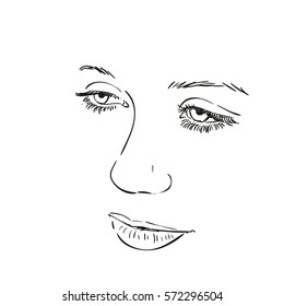 Face of girl, Hand drawn eyes with long eyelashes, nose and lips, Vector sketch