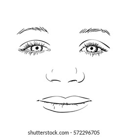 Face of girl, Hand drawn eyes with long eyelashes, nose and lips, Vector sketch