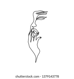 Face of the girl with hand is a single line on a white background, continuous line drawing, woman abstract portrait, isolated vector illustration. 