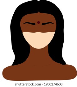 The face of a girl of Indian appearance with a red dot on the forehead with black hair in a protective medicine mask. Vector