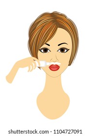 The face of a girl. The lady does facial depilation on her own. Removes hair over the upper lip. Vector illustration.