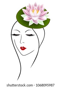 The face of a girl with a leaf and a lotus flower on her head.