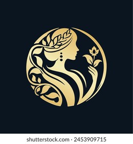 Face girl logo with flower design combination, line style design, 