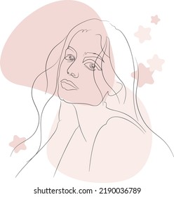 The face of a girl with long, flowing hair looking sideways, drawn in an art-line style, with a background of random shapes in light pink