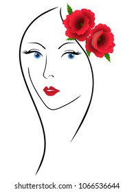 Face of a girl with poppy flowers in her hair.