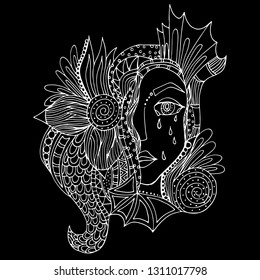 The face of a girl with psychedelic hair. Hand-Drawn Doodle