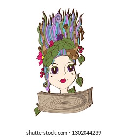 Face of a girl with a psychedelic hairstyle.Hair is braided with flowers, leaves and decorative elements.Vivid fashionable makeup.Natural motives doodle.Hand drawn sketch.