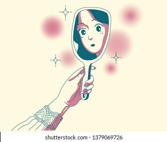 Face of girl reflected in hand mirror. hand drawn style vector design illustrations. 