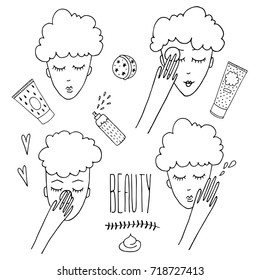 Face of girl removing makeup, applying cream, cleaning skin. Set of abstract isolated design elements. Hand drawn vector black and white illustrations. Cartoon, doodle.