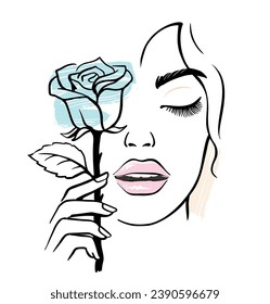 Face girl with rose. Holding flower in hands