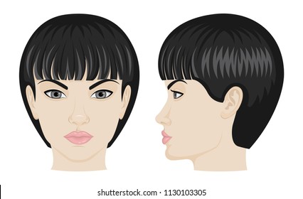 The face of a girl with short black hair and gray eyes in front and side