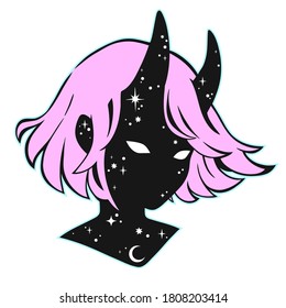 face of a girl with short hair and horns, with cosmic motives