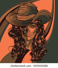 chica cara con cráneo y vector de sombrero