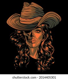 chica cara con cráneo y vector de sombrero