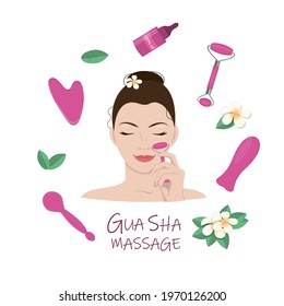 The face of a girl with a tool in her hand for a gouache massage. Set of tools for facial massage. A design element. EPS10.