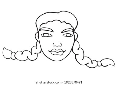 La cara de una chica con dos trenzas. Ilustración del contorno vectorial en el estilo de doodle dibujado a mano. Diferente y hermoso