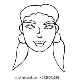 The face of a girl with two ponytails. Vector contour illustration in the style of doodle drawn by hand. Different and beautiful